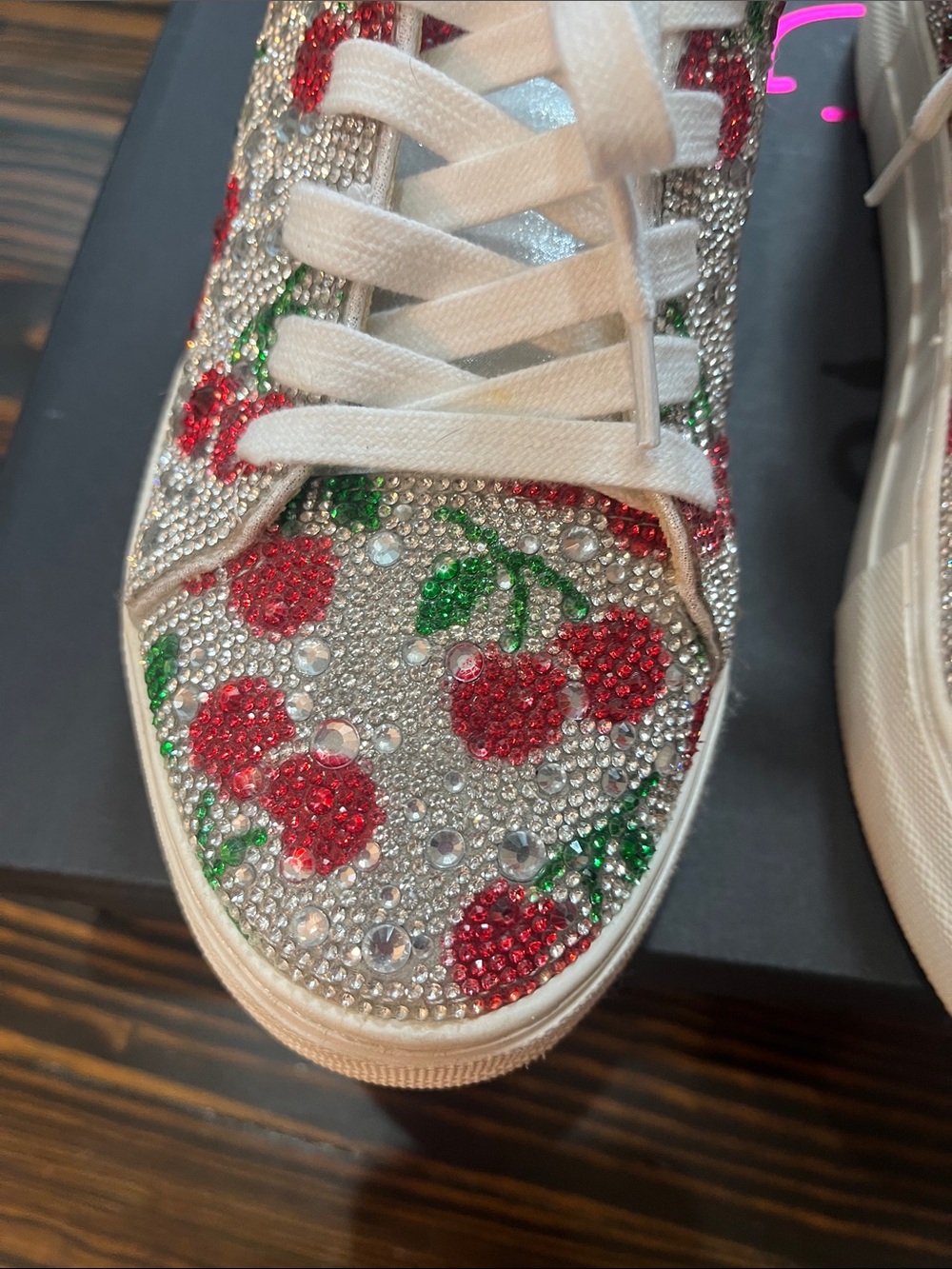 Betsey Johnson Crystal Cherry Embellished Sneakers - White/Red/Green - Picture 2 of 12
